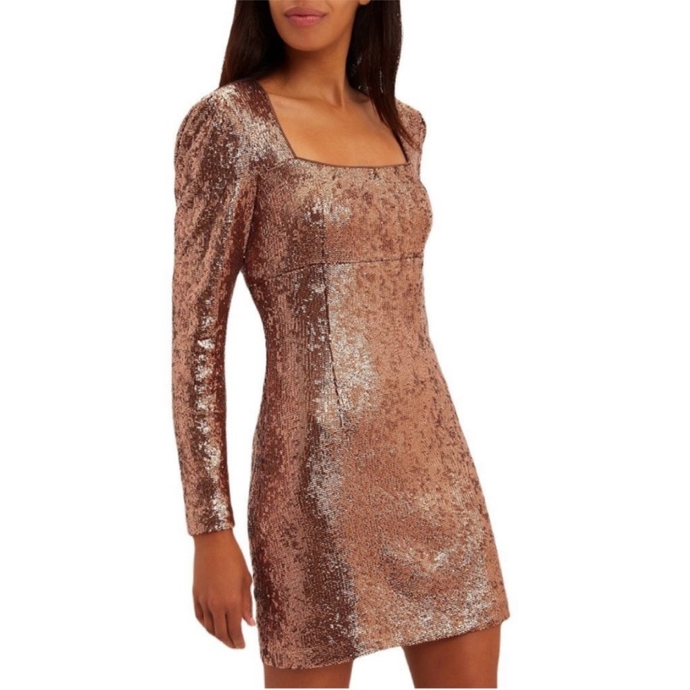 INTERMIX Hilary Sequin Dress in Rose Gold 8 Long Sleeve Square Neck Mini Party